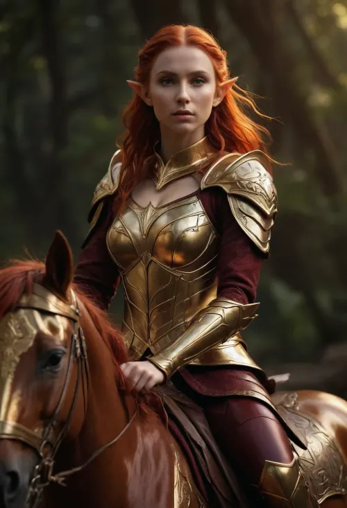 ultrarealistic elf female warrior with a gold armor, red hair, fantasy backgroud, riding a pegaso