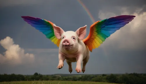 space dream, (((half naked flying pig, invisible transpaRENT plasma rainbow HUGE WINGS 15 metrs))), unreal dramatic dark blue, green, yellow, gold, light orange clouds of gas, no limits