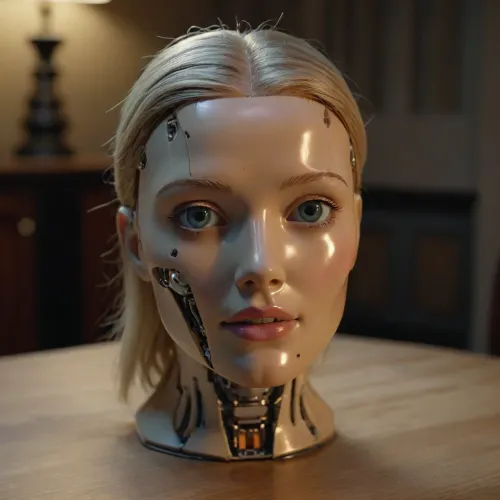 sexy blonde robotic head on a table, <lora:Face_Robotics_sdxl:.5>