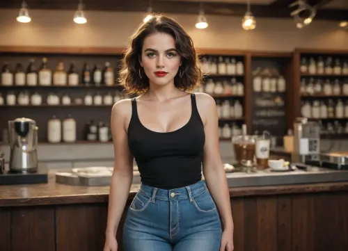 (score_9, score_8_up, score_7_up, masterpiece, high quality, cinematic, 8k, UHD, high realism, highest detail, natural lighting), aunt Cass, gorgeous, (heart shaped face:1.25), red lipstick, big eyelashes, seductive pose, (milf:.75), brunette bob, short. black tank top, (narrow shoulders:.4), ((cleavage:.6)), ((big breasts:.5)), (jeans), thigh gap, ((thick thighs:.95)), ((wide hips:1.25)), ((narrow waist:1.45)), (((midrif:.75))), (front, full view.), empty coffee shop.