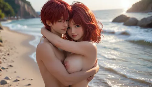 tall young woman, slim body, (big breasts:1.5), (standing:1.5), nude, close-up pussy, cute face, smiling, dark skin, messy red hair, beach, (boy hug woman:1.5), face in her breasts, sunshine, front view, large, breasts, big, boobs, huge, tits, 4ng3l, face, <lora:bombshell_v2:.8>, <lora:SDXL_BetterFaces-LoRA_v1:.8>