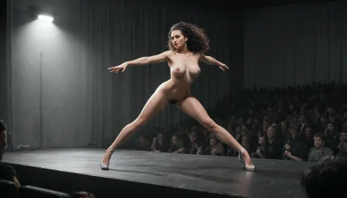 A dark grayscale theater stage with broken curtains, a sexy ballerina dancing in torn ballet shoes. Entire scene in grey tones, except for vivid glowing red flames swirling around her body and her lips. Gothic, surreal, dramatic, nude mature woman, very hairy pussy