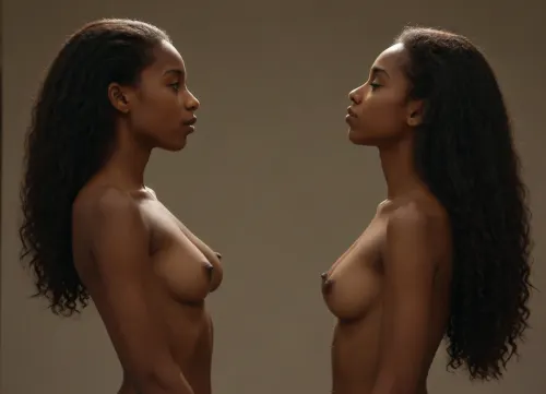 side view of a very light-skinned black girl, 18 years old. skinny. very cute. naked. incredible breasts with tanlines and big prominent nipples. wide shot captures her whole body from the waist up. profile view shows her breasts lined up neatly. she has really long hair. her hands are on or behind her head