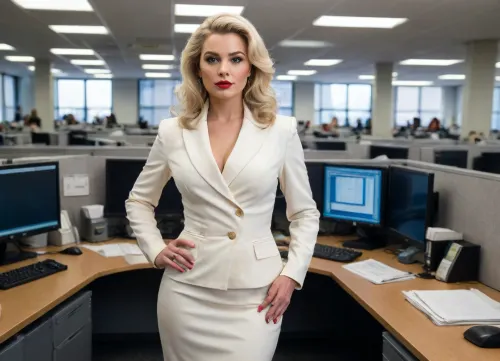 A photorealistic full-length portrait of a commanding 1980s corporate boss woman in a bustling, modern office filled with cubicles, desktop computers, and business professionals.

She is far from a slender model stereotype—confidently embracing a voluptuous, athletic figure with prominent curves consistent with the era's celebration of big breasts and wide hips. Her body is nude, showcasing ample large natural breasts that are full and high, broad shoulders, a narrow waist, and strong rounded hips. While she is slightly plus-sized, her muscle tone speaks of her athletic vigor.

Her platinum blonde hair is styled in the iconic voluminous feathered waves of the decade, perfectly coiffed. She wears classic makeup with bold red lipstick and defined eyeshadow, exuding undeniable authority and sexuality. Her posture is powerful, arms crossed, standing tall amid office employees clearly deferring to her.

Despite complete nudity, the atmosphere is one of respect and dominance rather than scandal—she is the boss, unapologetically strong and radiant. Soft fluorescent lighting highlights her polished skin, with a subtle sheen to emphasize her curves.

This office is alive with activity yet all eyes are drawn to her magnificent nude figure—symbolizing 1980s excess, boss power, and fearless liberation. The scene captures the surreal blend of corporate seriousness and brazen nudity, 8K resolution, photorealistic style.