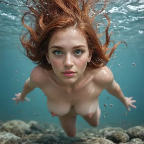 A sexy redhead swimming underwater towards the camera in the tropical ocean, impossibly detailed, (stunningly beautiful face:1.2), (freckles), (pale skin, irish), (closeup, fisheye lens:1.5), (diving:1.6), (naked), (strong physique:1.2), (powerful build), (swimmer), (muscular:1.1), (splash:1.3), plunge, dive, (water nymph:1.3), (magical, ethereal beauty:1.1), (moonlit, moonlight), exhaling air bubbles, play of light and shadow, (dappled sunlight), fish, (cloudy water), (riverbed), anatomically correct, photorealistic, (4k), (milf, age 35:1.1), (hair floating:1.2), (redhead, green eyes, light eyes:1.2)