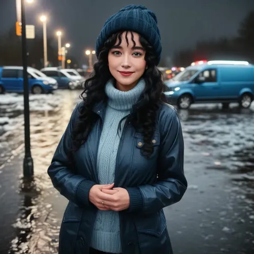 very beautiful german 40 years old woman, she wear a blue winterjacket, (((rainy night))), (black curly hair:1.2), (messy:.9), hair is long and totally wild, ((she is in front of a blue vw caddy at a parketplace)), UHD., best possible quality, God rays, (volumetric:1.1), (hair:1.1), is, (flowing:1.1), in the, (wind:1.1), shes got a subtle smile, wearing a blue winter jacket and wool wintercap. The scene is shot with, (Kodakportra800:1.1), (filmgrain:1.1), (Analogcamera:1.1), (85mm:1.1)
