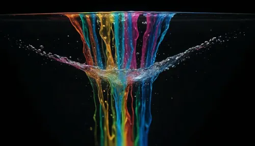 black background, water is illuminated from above by a beam of many colors