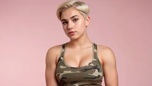 full body view of a cute 18-year old boy, feminine, short blonde hair with undercut, super tight fit camo tank top, curvy, ((armpits)), very large pectoralis major muscle, (((cute round feminine face))), plain white background, ((boobs)), dominant look