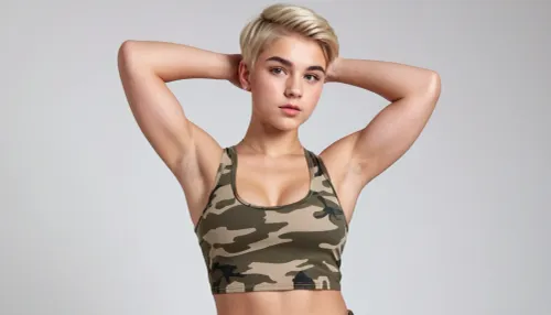 full body view of a cute 18-year old boy, feminine, short blonde hair with undercut, super tight fit camo tank top, curvy, ((armpits)), very large pectoralis major muscle, (((cute round feminine face))), plain white background, ((boobs)), dominant look
