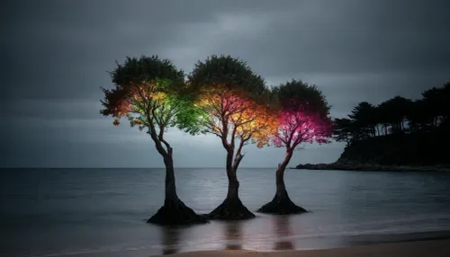 black background color on light trees on sea