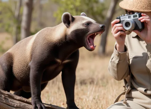 Photorealism, photorealistic, realistic, {African savannah, (honey badger baring its teeth while sitting on a tree branch), close-up, (clear anatomical rendering of fur and bared teeth), (double exposure), (picture within a picture, standing at a short distance, (a female photographer in a cork helmet and safari outfit, photographing the honey badger with a mirror camera with a wide-angle lens:1.4), side view, dynamic movement, (double exposure), (picture within a picture), }, lifelike, highly detailed, ultra-realistic, cinematic lighting, 8K)