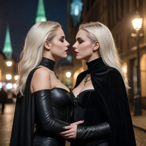 A cinematic night photograph at the World Goth Parade in Malmö showing two statuesque Swedish sisters sharing an intense, tasteful moment on a cobblestone street. The younger sister, (20), leans in to kiss the elder’s cheek while clasping her hand, both smile with mischievous confidence, their chemistry palpable yet non-explicit. Styling is daring but discreet, flowing black velvet capes draped open over sculpted, bronzed bodies, minimalist gothic harnesses and jewelry, thigh-high leather boots. Long platinum hair, forearms, and cape edges artfully cover nipples while silhouettes emphasize generous curves, narrow waists, and elegant hips. The crowd of elaborately dressed goths streams behind them, cathedral spires and misty night air frame the scene. Lighting mixes neon signage and torch-like amber streetlamps for glossy highlights and deep shadows. Composition favors emotion over provocation, close framing, shallow depth of field, natural skin tones, 8K documentary realism, rebellious elegance, and sisterly bond