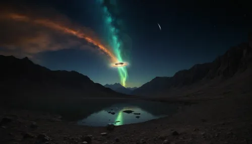 space dream, ufo, unreal dramatic dark blue, green, yellow clouds of gas, no limits, 4d makro, Sharp mountains, big lake of plasma, spiral galaxy in the sky, high mountains, the height of the mountains is 20 kilometers, huge sharp stones, blue and orange plasma slowly flows from the mountains, glow plasma streams, huge Jupiter with moons, several moons, galaxy, bright stars, dramatic sky, huge crater, rocky field, sharp mountains, there is no one around, no girls, no people, no animals