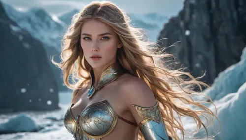 gorgeous female norse goddess Freya, full lips and long flowing hair, body glistening with snow and ice, her toned physique exposed by ornate armor made into very sexy feminine underwear, photorealistic 8k resolution concept art with dynamic lighting and hyperdetailed textures, blending the intricate Art Nouveau style of Alphonse Mucha with the dark, gritty realism of Greg Rutkowski, the sleek, high-fashion aesthetic of Artgerm, and the surreal, dreamlike quality of WLOP, in a triadic color scheme that pops against a backdrop of norse fjords and northern lights, evoking the cutting-edge visuals of Unreal Engine 5, with volumetric lighting that adds depth and dimension to the scene, worthy of a trending splash art piece on Artstation.