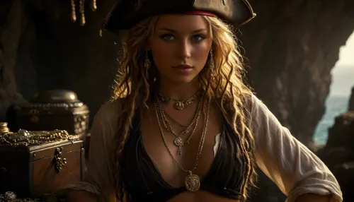 full body view of a beautiful 19 years old flat-breasted female pirate wears many highly detailed diamond bracelets and many glittering diamond necklaces around her neck, (three different diamond necklaces:1.2), and wears crown jewels, she holds her shirt wide open to present the many necklaces, while also showing her exciting small breasts, (detailed hard nipples:1.3), a large wooden chest overflowing with cut diamonds, gold chains, pearl necklaces, jewelry, tiara, crown jewels, perfect hands, perfect face, perfect eyes, surrounded by a treasure cave, wears a highly detailed realistic weather-beaten pirate clothes, origin pirate outfit, (blonde dreadlocks in backlight:1.2), sunny late afternoon, warm sunlight from the side, smiling with perfect white teeth, perfect teeth, ultra realistic skin, masterpiece, best quality, full body view, details, high quality, attractive woman, ((pirate hat:1.3)), slim body, ((pirate:1.4)), (intensively tanned:1.4), thigh gap, small breasts, summer, eyes, perfect, freckles, skin, a treasure cave on a tropical island, Gorgeous cave. Hidden in the huge cave is the world's largest pirate treasure, vast quantities of stolen sacks and chests filled with jewels and trinkets, (diamonds:1.5), (jewelry:1.6), (pearls:1.2), large quantities of gold, (doubloons:1.5), and, (silver coins:1.2), piled up in mounds as far as the eye can see, overflowing treasure chests, immeasurable wealth, (highly detailed treasure:1.2), turquoise water, texture, photorealistic, various perspectives, shallow depth of field, high resolution, 8K, blurred background, ambient light, underwater, grotto, cave, sandy, sea, floor, reef, <lora:MJ52:.8>, <lora:attractive_notrigger:.2>, <lora:dark:.1>, <lora:Sweaty_Realism_4-000006:.8>, <lora:Underwater_Environment_v01-000002:.8>