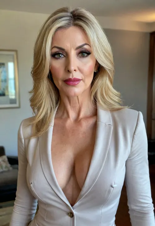 a very thin and slender MILF in a short skirt, 62yo, (nude), narrow bimbolips, Deanna Troi face, blonde, ((waist portrait)), narrow face, tits and face view, blondie, top view, photorealistic, professional photo, eye contact, light grey eyes, high detailed skin, ((waist-high portrait)), bmbplora, <lora:bimboxl_02:.5>, stripline, sexy pose, hand in hair, blazer