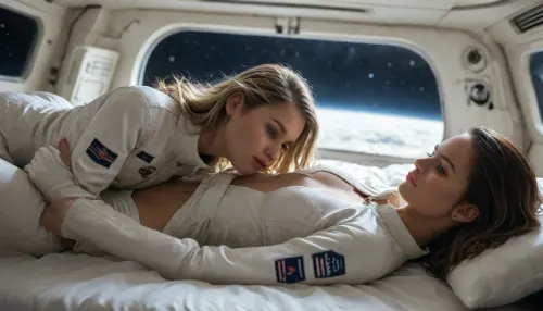 2women, Diana and Maria, full body view of Diana and Maria are astronauts on a space ship and enjoy lesbian sex in weightlessness surrounding, (((levitation))), ((floating in zero gravity)), (((weightlessness))), Diana is a female 40 years old Astronaut, Diana has a perfect face, a slender and athletic body, blonde long hair, Blue eyes, small breasts, (flat-chested:1.2), (wearing white space uniform:1.4), (half pulled down uniform pants:1), (Dianas body floats weightlessly horizontal in supine position 1m above her bed), Maria is an slender African astronaut with ultra dark skin, highly detailed futuristic huge captain sleeping place on spaceship, LED lamps, low light, different screens, futuristic technic, (supernova outside window), cinematic, (masterpiece, detailed), sunlight_str1, <lora:add-detail-xl:1.2>, <lora:MJ52:.7>, <lora:sunlight_str1-SDXL_v1-dim64-steps1691:.5>