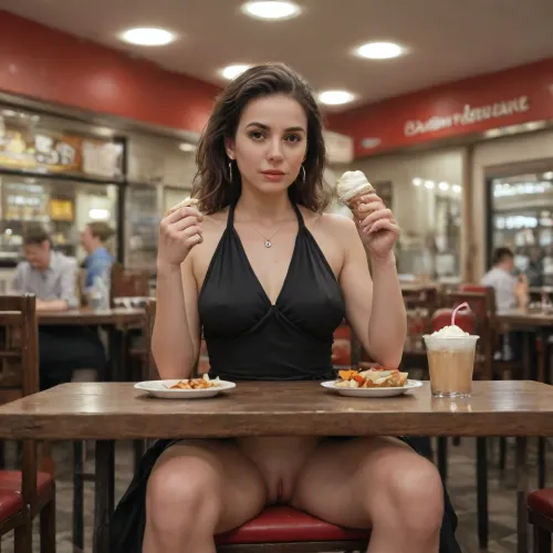 20 year old european girl, (((sitting on chair:2))), (sits behind table:1.6), served lobster, drinking, soft breasts, saggy breasts, wearing fency black dress, (deep neckline:1.5), expensive necklace, (exposed pussy:1.4), pussy juices leaking, Interior of classy restaurant, (busy restaurant:1.75), ((romantic restaurant)), people eating, formal dress code, front view, view from bellow, licicc, licking, ice, cream, cone, <lora:LickIceCreamCone.1.0:.6>