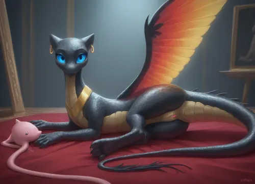 a painting of a dragon, on side, by Caroline Chariot-Dayez, Artstation contest winner, whimsical dragon with rainbow wings, small, glowing black aura, cute detailed artwork, mew face, black scales, kaladesh, disney artist, ultrafine detail, high res, feral, showing vagina