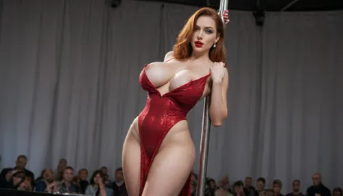 young beautiful girl Jessica Rabbit with big breasts areolas slightly exposed, pulled-up single slit red dress, red panties, show see through red panties, big fat butt with her legs spread slightly open, standing up leaning against a stripper pole, looking at the viewer, long red hair, excited, aroused, tack sharp, 4k, dslr, improve quality, look, at, my, prompts, <lora:SDXL_Sevenof9_7th_NSFW:.8>