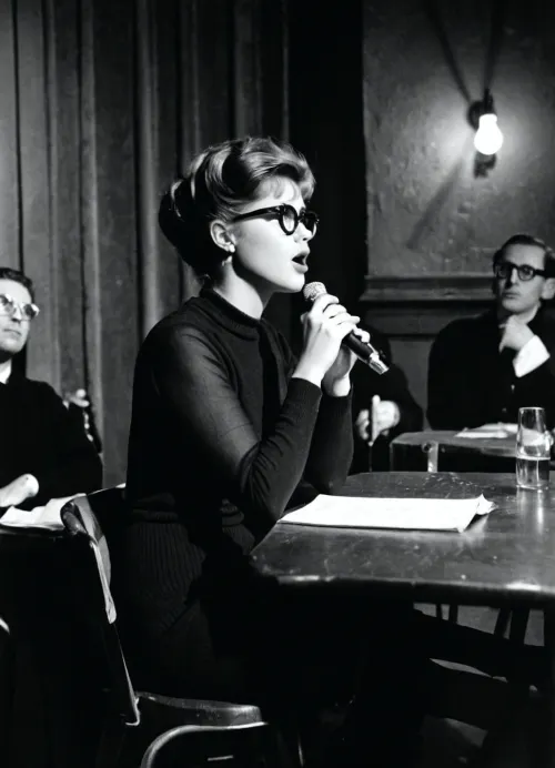 Cinematic, 35mm, wide angle, black and white, San Francisco, 1961, Night, dark beatnik club, smoky, small stage, young woman passionate recites poetry, expressive gestures, thick horn-rim glasses, tight-black knit clothes, black boots, angry. The small audience is out of focus, blurred silhouettes, sitting at small tables in twos and threes.