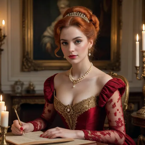 Bathed in the warm candlelight of a luxurious salon decorated with fine 18th-century furniture and paintings, an elegant and refined Parisian woman of thirty, wearing a red dress with intricate gold lace details and adorned with a delicate pearl necklace, her radiant orange hair styled in an elegant updo, frames her beautiful face. Seated at a polished table, quill pen in hand, she writes a letter. The woman writes with a mysterious expression. The details of her dress, face, and hands are crisp and defined, the warm candlelight illuminates and brings the image to life. The luxurious salon, the furniture, the candelabras, the paintings, the quill pen, the woman. High quality, high resolution, precise details, well-focused