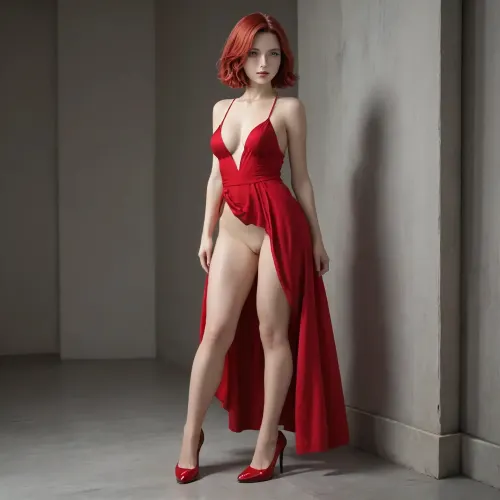 30 years old woman, red hair, (purple lips), green eyes, (red dress), high-heeled shoes, no panties, no bra, erect nipples