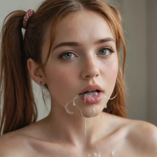 25 year old woman, (ear fuck, ear job:1.4), naked, nude, no bra, face to the viewer, playful pose, horny, tongue out, mouth gag, ginger hair, detailed facial expression, messy hair, bangs, green-grey eyes, cute woman, large boobs, freckles, ponytails, cum, cum gushing, cum flow, excessive cum, excessive squirt, detailed face, ultra-detialed, high detalisation, natural pose, (masterpiece, best, quality:1.2)