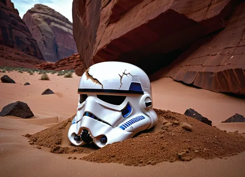 A cracked, dented, and dirt-covered Stormtrooper helmet lies on its side among the red rocks, half buried in the sand. A threatening, frightening, unsettling scene. d&d, fantasy, extremely detailed, digital painting, artstation, sharp focus, fantasy art, character art, illustration, 8k, the work of artgerm and greg rutkowski. This is an absolute world-class masterpiece. An aesthetically pleasing work of art with impeccable attention to detail and a stunning composition., cinematic shot, dynamic lighting, 75mm, Technicolor, Panavision, cinemascope, fine details, HDR, realism, realistic, key visual, film still, cinematic color grading, depth of field.