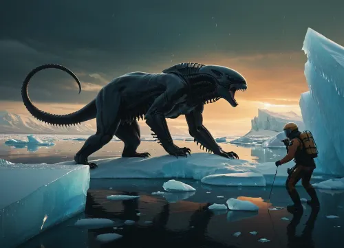 Xenomorph-Polar Bear brutally attacking a science crew taking measurements of the ice., breathtaking digital art, trending on artstation, by atey ghailan, by greg rutkowski, by greg tocchini, by james gilleard, 8k, high resolution, best quality.