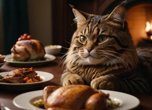 Photography, (photographic), cinematic photography {a huge Cheshire cat sits with his feline family at a round table with a dish of whole roasted chicken on it}. 35mm photography, film, bokeh, professional, 4k, high detail, cinematic format, shallow depth of field, film grain, high budget, epic, mood