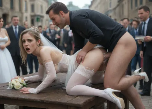 beautiful youthful slender bride, full lips, blonde hair, hairbun, conservative white wedding dress, garter belt and sheer white stockings, white high heels, dress lifted up, red lipstick, wedding bouquet, huge wedding cake, surprised, open mouth, (bend over table), side view, (vaginal fucked by old dirty homeless man), ((huge cock, (1.8)), vaginal sex, (doggy style vaginal sex), rough vaginal sex, very deep penetration, hard fucking, outdoors, wedding guests watching, crowd, late afternoon, (torn and ripped clothes), large cum load, cum ooze, realistic detailed face, realistic detailed hair, realistic detailed body, realistic detailed skin, realistic detailed large firm breasts, realistic detailed very tight hairy pussy, (High, Resolution), (More, Details), (8K), 4ng3l, face, detailxl)