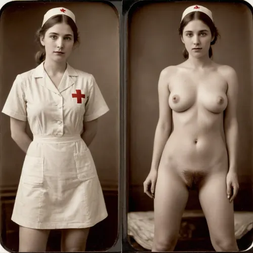 1917, (((Beautiful Red Cross Nurse from the 1917s))), amateur model, pretty face, amateur photo, brunette, attractive, 28 years old, (((taken with a daguerreotype camera:1.5))), (large natural breasts:1.1), natural breasts, (hairy pussy:1.4), (full body visible), straight hair, ponytail, (same person, same pose, same angle), (2 split screens, 2 split views, on/off:1.2), (in a 1917 Red Cross Nurse costume), (early 20th century background), BREAK, <lora:OnoffXL_ExtraCrispy:1>