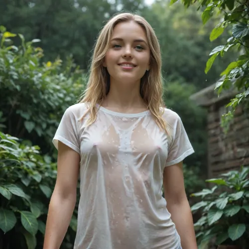 Sexy blonde standing in the garden in pouring rain, (visible rain drops), (garden), soaking wet, long oversized sheer tshirt, greenish baggy shirt, Wet clothes, wet hair, wet body erotic, elegant, sensual, seductive, frontal and below view, viewer looking up at model, dark stormy weather dark lighting, wet, hair, wet shirt. Suggestive Sexual position, (arms spread out, palms upwards), head thrown back, looking up into the sky, 1girl, ((25yo)), (green eyes), ((long blonde wet hair)), (skinny fit), biceps, (flat ass), (small breasts), (erect nipples:.8), slutty smile, (smiling:1.2), teeth, <lora:TLS:1>