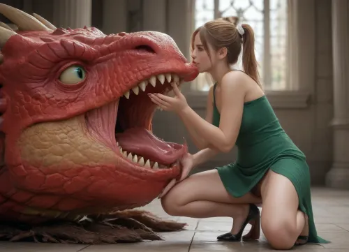 blonde, athletic 49 year old redhead woman, makeup, green eyes, ponytail, good hands, realistic eyes, perfect fingers, realistic feet, realistic toes, dark red toenails, dark red fingernails, ((((hairy pussy))), skin imperfections, blemishes, spots, veins, big saggy tits, high heels, long green dress, tits out, legs out, eaten by dragon, (((dragon))), (((lizard))), vore, side view, profile face, scream, castle)