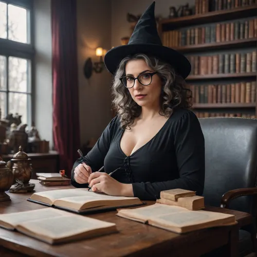 018.
sexy mature psychologist at her office taking notes, plus size body, fat, small saggy tits, curly dark hair and glasses, gray armchair.
.
The background is dark, dirty, and mysterious. Shelves lined with books and magical objects line the walls. the witch is wearing a witch's hat.
.
distant view