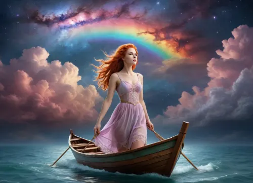 zero gravity, galaxy, (milky way), fantasy, open space cloud, (pastel style painting), wather maelstroom. dramatic clouds raibow, full lunar eclipse, sunrise, she is sailing a small boat in the milky way, the boat glides through the sky, long red hair, summer dress, lace filigree of bright, rich color, front below