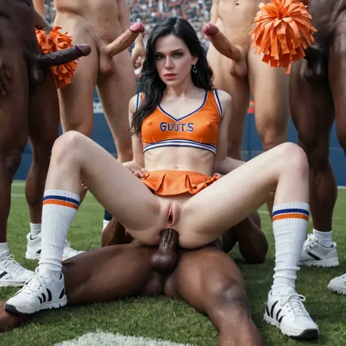 (Yennefer), college woman, ((young woman:1.7), (youthful face:1.3), (petite:1.3), short, slim, slender), (tiny breasts), (3 black guys), (orange cheerleader uniform, knee socks and sneakers), hardcore anal gangbang, (double anal penetration), anal sex, on the ground, (crowded football stadium), (massive black cocks:1.1), (interracial gangbang), detailed face, detailed hair, detailed body, detailed skin, detailed breasts, detailed pussy, (High, Resolution), (More, Details), (8K)