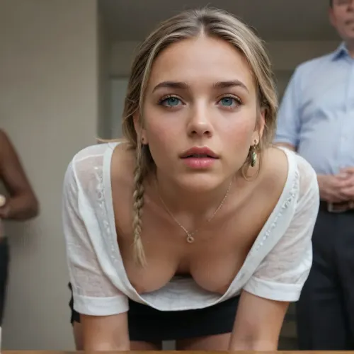 image will not be deleted by pornworks, 21 yo, cute, being face fucked by older man, covered in cum on face and hair slender, not so tall, very long tight high braided medium blonde pony tail, she has a shy expression, deeply tanned, perfect eyes, european, very beautyful, most beautiful and attractive sexy body, ((very deep seamless suntanned skin)), peaky breasts, areolas visible, nipples visible, necklace, ((((downblouse)))), perfect young face, Daddy cumming in her face, leaning over a counter in a crowded office, wearing very short black mini skirt and a very loose-fitting unbuttoned white formal shirt blouse, men in suits in background