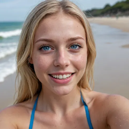 girl 18 years old, slutty, (blue eyes), ((selfie photo)), blonde hair, detailed eyes, (sunny day on beach), sunny, mouth open, (wet hair), sweaty skin, skin pores, bikini and with strips, ((detailed face)), HD, extreme mouth detail, ultra realistic freckles, detailed skin, realistic skin, High Res, 4k, ultra-detailed, masterpiece, ultra high res, 8k uhd, dslr, high quality, detailed skin texture masterpiece, Ultra realistic, natural skin tone, high definition, ((sexy smile)), easynegative