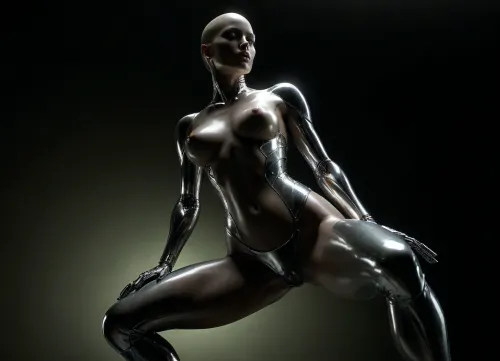 A sexy female robot with reflecting metallic chrom skin, a highly detailed and vibrant fantasy artwork, concept art nude big brest girl, art by Hajime Sorayama. She wears nothing, completely nude, chrome skin, Chrome Eroticism, smooth, reflective surfaces that enhance the metallic sheen of robots. The detailed rendering of textures, from the softness of human skin to the hardness of metal, she has no hair, bald head, dynamic lighting, lights, digital painting, intricated pose, highly detailed intricated, . digital artwork, illustrative, painterly, matte painting, highly detailed, best quality, fine detail, warm lightning, erotic, porno, subdued atmosphere, chiaroscuro, full body, full body view, light_green background. The body floats weightlessly in space. Crouched position. Tumbling body in space. Art style inspired by Hajime Sorayama and the sexy robot series., low angle, ((randomized-body view from below)), <lora:dark:.5>