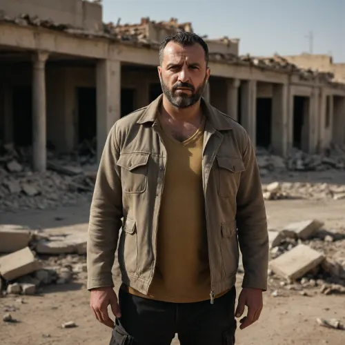 realistic cinematic harsh-daylight portrait of a solid 35-year-old Turkish man with an extremely heavy-built compact bulky body, thick broad torso, strong bull-like neck, large rounded belly, naturally tanned skin and an unshaken dominant expression, standing in the middle of a devastated fictional Middle Eastern war-torn district under blinding desert sun, surrounded by collapsed concrete buildings with exposed rebar, charred rubble piles, shredded metal sheets, cracked asphalt, overturned rusted cars with blown-out windows, drifting smoke from distant fires, and a yellow-grey haze of dust hanging in the scorched air, wearing a heavy black tactical-lux desert jacket stretched across his massive chest and stomach, dark rugged cargo pants coated in sand, and thick matte-black combat-style designer boots planted firmly in broken debris, (a long heavy Turkish layered barbershop haircut with flowing textured length, thick dusty volume and a razor-clean sharp hairline), (a dense full Turkish barbershop beard with crisp defined edges and faint dust settled along the lower lines), distant echoes of collapsing structures, hot shimmering air rising off destroyed rooftops, ultra-realistic HDR desert-ruin lighting with brutal high-contrast shadows, shot on a 50mm f/1.4 cinematic lens for gritty atmospheric compression, razor detail and oppressive post-apocalyptic clarity, atmosphere of a heavy, immovable alpha-don standing inside the ruins of a fictional destroyed city as if he is the last authority left in this scorched world