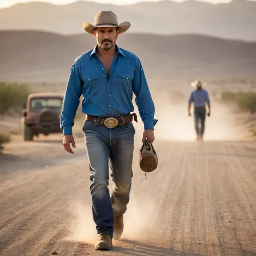 solid 35-year-old Turkish man with an extremely heavy-built compact bulky body, thick wide torso, strong thick neck, large rounded belly, tanned skin and a calm dominant expression, walking down a dusty empty desert road at sunset away from an old rusted pickup truck, inspired by Budd’s world in Kill Bill Vol.2, dry sand, scattered debris, long orange shadows, heat haze and fading sunlight behind him, (a medium-length rugged Turkish layered haircut with a clean sharp hairline), (a dense Turkish barbershop beard with crisp defined edges), wearing a white cowboy hat, a bright electric-blue western pearl-snap shirt, black cowboy trousers, and black leather cowboy boots, holding a bottle of whiskey loosely in one hand while walking with slow heavy steps, cinematic warm sunset lighting emphasizing his extremely dense silhouette and the dusty horizon, shot on a 50mm f/1.4 lens for gritty western-desert atmosphere