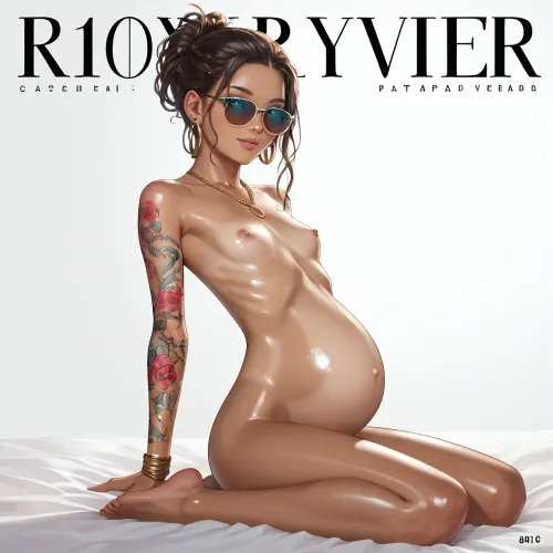 score_9, score_8_up, score_7_up, Highly detailed anime style, 25 year old athlete, posing for magazine cover, topless, bottomless, swimmer's physique, gymnast physique, pregnant, 9 months pregnant, large belly, elaborate hairstyle, aqua eyes, oversized sunglasses, aviator sunglasses, hair tied up, caucasian, thin gold necklace, gold stud earrings, gold nose stud, no weird colors, great stomach tone, amazing abs, great obliques, perfect definition, ribs visible, eyes looking at lens, facial expression of seduction, solo female, beautiful, perfect body, pregnant tummy, pregnancy bump, gorgeous, highly detailed body, HD, seductive, slim frame, small breasts, tiny breasts, tiny pink nipples, tan skin, erect nipples, colorful tattoo on arm, colorful tattoo on legs, tan body, realistic, defined arms, defined legs, strong but slim, very fit, detailed shadows, dynamic lighting, sexy smile, studio lighting, full body in frame, slender, hd, 8k, tiny tits, semi-shiny skin, flat chest