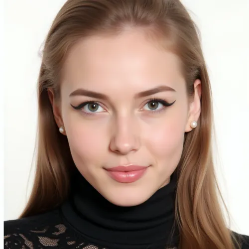 **Photorealistic portrait** of a young adult female, estimated biological age **28 years**, with direct gaze stability toward the lens.

**Facial Morphology and Integumentary Details, **
**Craniofacial Contour, (Face Shape), ** **Mesoprosopic facial type**, (oval shape), with mild vertical elongation. The **mandibular angle, (jawline), ** is defined but smooth, transitioning aesthetically to the **cervical region, (neck), **. The **zygomatic arches, (cheekbones), ** show **subtle malar projection**, contributing to a balanced, mature facial structure.
**Ocular Structures, (Eyes), ** **Large, prominent globes** set in a **deep orbital fossa**. The **irises** display a clear, multi-tonal gray-blue coloration with exceptional detail. The palpebral fissures are open. **Upper eyelid application of sharp, black cosmetic liner** defines the **lateral canthus, (outer corner), ** in an elevated, (winged), configuration. **Full, dense ciliary structures, (eyelashes), ** are individually defined. The **supraorbital ridge, (eyebrow region), ** features medium brown, dense hair with a **well-defined, natural arch morphology**.
**Nose, (Rhinology), ** **Leptorrhine nose type**, (straight and narrow), exhibiting excellent **nasal symmetry and projection** relative to the midface.
**Lips, (Cheilology), ** **Full labial volume** with a distinct **Cupid's bow**. Mucosa has a natural, rosy-pink pigmentation. The closure of the oral commissures suggests a slight, controlled smile.
**Skin, (Dermatology), ** **Smooth, unblemished skin texture** exhibiting high turgor and uniform tone, indicating excellent dermal health. **Subtle cosmetic enhancement**, (contouring), is present to augment the definition of the zygomatic and mandibular contours.

**Hair and Accessories, **
**Hair, ** Long, with a color gradient, (balayage/ombré), featuring warm blonde through light brown hues, originating from darker **hair follicles, (roots), **. Hair is styled to reveal the right **auricle, (ear), **, with the majority of the volume cascading over the left shoulder.
**Accessories, ** A solitary **pearl stud** affixed to the right **earlobe**.

**Attire, **
**Top, ** Elegant black garment featuring a **high-neckline, (turtleneck), ** and a highly **textured, open-weave/lace fabric**, (guipure type), .

**Lighting and Composition, **
**Lighting, ** Soft, professional studio illumination, optimized for **facial clarity and detail**.
**Background, ** Unobtrusive, solid white or high-key neutral background.
**Composition, ** Close-up frame emphasizing the **cephalic and cervical regions**.
**Style, ** High-resolution, forensic detail, hyperrealistic digital art.