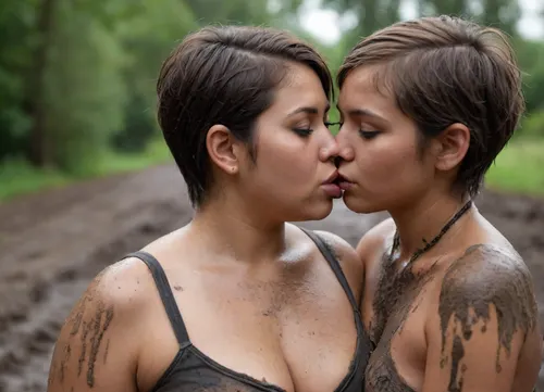 1512 merunyaa, 2girls, duo, lesbian_couple, kissing_at_another, embrace each other

Girl1, human, youth, asian, curvy, large bust size, messy long hair

Girl2, black woman, very fat, messy short hair

in deep mud. they completely covered with mud. muddy hair are completely covered with mud and soaked with mud. faces are completely covered with mud and soaked with mud., <lora:Chubby BBW - XL:1.5>