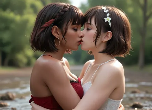 1512 merunyaa, 2girls, duo, lesbian_couple, kissing_at_another, embrace each other

Girl1, human, youth, asian, curvy, large bust size, messy long hair

Girl2, black woman, very fat, messy short hair

in deep mud. they completely covered with mud. muddy hair are completely covered with mud and soaked with mud. faces are completely covered with mud and soaked with mud., <lora:Chubby BBW - XL:1.5>