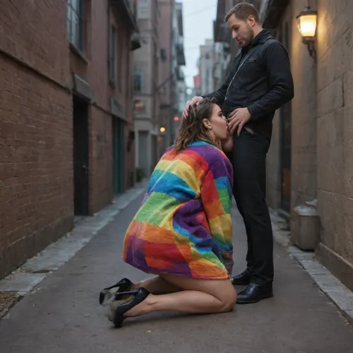 hyper photorealistic masterpiece, maximum quality, maximum details, maximum realism, american girl, 19 years old, on street, back alley, (night), short brown curley hair, long, ((colorful woolen coat)), (black high heels), on all fours, couple, dressed man dick out, hairy testicles, blowjob, deep throat, massive com on face, full body view aside from afar
