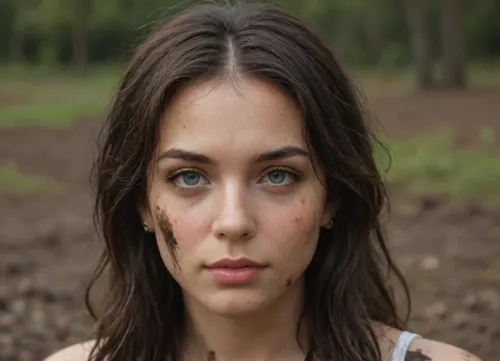 A photorealistic close-up shot of a woman with dark, messy muddy hair, partially covered by dark, textured mud. The image also shows a woman in the center of the frame, looking directly at the viewer with a neutral expression. The woman appears to be in her late 20s and has long, wavy black hair that falls down her back. She has a chubby body and is wearing minimal clothing. Her face is covered in black mud, with some areas appearing darker and others lighter, creating a sense of depth and texture. Her eyes are deep brown and she is looking to the side with a slight smile on her lips. The background is a textured, dark mud surface with visible cracks and texture, which contributes to the overall moody and gloomy atmosphere of the image. The overall impression is one of vulnerability and isolation, as the woman's face and body are covered in a thick layer of black mud., <lora:Chubby BBW - XL:1.5>