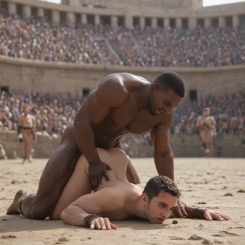 UHD 8K, extreme realism, maximum detail, ((in gladiator arena)), ((defeated male gladiator fucked by black african muscular gladiator)), defeated male gladiator, handsome Italian twink with a big cock. Well defined abs. anal doggystyle, ((naked spectators in background)), muscular male african gladiator, huge dick, 25cm long dick, photorealisticn, no woman